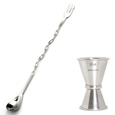 King Metal Works Claro 經典量酒器 15ml 30ml + 標準型吧叉匙 245mm 套組, 銀色, 1套