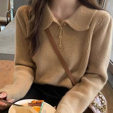 Paperments 女款舒適日常金色圓豆釦翻領針織毛衣 12447