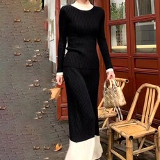 페이퍼먼츠 배색 반폴라 니트티 + 롱스커트 투피스 세트 12371