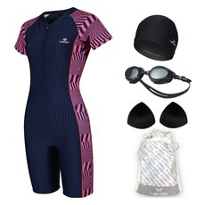 HEST 女性用半身短袖室內泳衣 HTA-W09 + 泳鏡 HTB-GGK17 + 泳帽 HTB-CF01 + 胸墊 + 透明收納袋 5件組