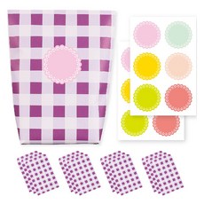 체크 종이 포장지 포장봉투 퍼플 12p + 스티커 6종 x 2p 세트, 혼합색상, 1세트