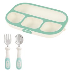 JOONIE 矽膠吸盤餐盤 + 不鏽鋼湯匙 + 叉子 + 收納盒組, 1套, 綠色