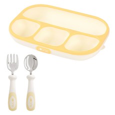 JOONIE 矽膠吸盤餐盤 + 不鏽鋼湯匙 + 叉子 + 收納盒組, 1套, 黃色