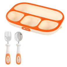JOONIE 矽膠吸盤餐盤 + 不鏽鋼湯匙 + 叉子 + 收納盒組, 1套, 橘色