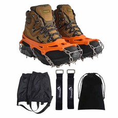 Elmountain 19爪鏈條冰爪 + 綁帶 + 登山腿套組合, 橘色