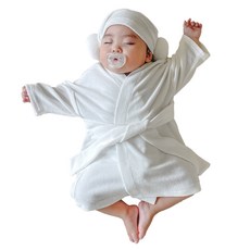 嬰幼兒柔軟竹纖維毛巾浴袍 + 羊角帽 + 腰帶 S號套組, 1套, 白色