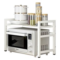 Home&Toy 高度寬度可調式雙層微波爐架 + 6入掛鉤, 1套, 白色