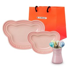 LE CREUSET 小熊甜點組+購物袋, 1組, 粉紅色(盤子）, 2款熊盤+5款吃貨簽+吃貨簽盒+購物袋S