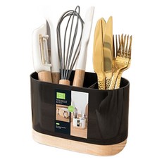 MotherBtti 木質底座雙格餐具筒, 黑色, 1個