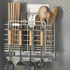 Holmespick 壁掛式不鏽鋼3格附瀝水盤多功能掛鉤餐具筒, 銀色, 1個