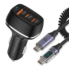 DGG 68W PD+QC 3孔車用超高速充電器 + 100W LCD彈簧線套組, 黑色, LZ-X76(C to C 連接線 1.8m)