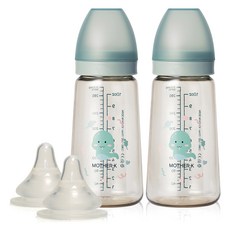 마더케이 베이직 PPSU 뱀뱀 젖병 무꼭지 2p + 3단계 젖꼭지 2p, 민트, 280ml, 1세트
