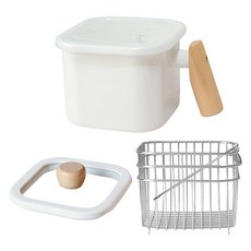 電磁爐用方形木柄琺瑯鍋 2.2L + 大玻璃鍋蓋 + 大油炸網套組, 1套, 16.5cm