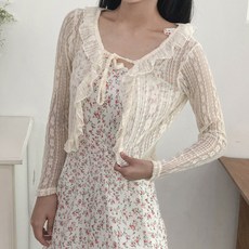 Elsso 女款荷葉邊蝴蝶結蕾絲透視換季短版開襟衫