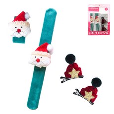 PARTYSHOW 聖誕節貂皮手鍊 聖誕老人 2入 + 毛帽髮夾 紅色 2入 組, 1套, 混合顏色