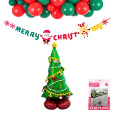 PARTYSHOW 聖誕充氣氣球 聖誕樹 + 拉旗 + 派對裝飾氣球 X-MAS 2款 x 10p 套組, 1套, 混色