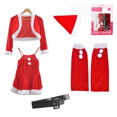 PARTYSHOW 女款C型聖誕連身裙 + 聖誕女孩紅色毛球腿套組, 1套, 混色