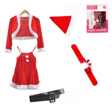 PARTYSHOW 女款聖誕服 C款連身裙 + 仿貂毛聖誕手鍊 紅色蝴蝶結套組, 1套, 混合色