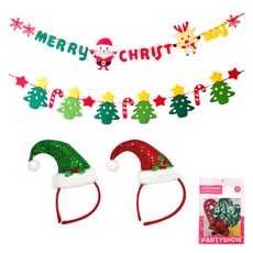 PARTYSHOW 聖誕毛氈掛旗2款 + 亮片錐形帽魯道夫髮箍2款套組, 1套, 混色