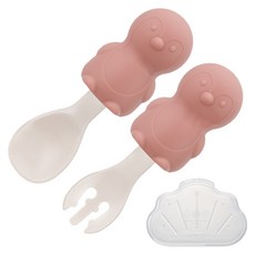 Edison 嬰幼兒矽膠湯匙組 小企鵝, 1套, 湯匙 + 叉子 + 收納盒, 粉紅色