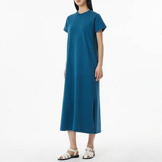 JAJU 女用毛圈布蓋袖棉質長版洋裝, 藍色