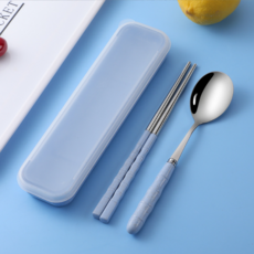 New Lip粉彩攜帶式便當湯匙+筷子+餐具盒組, 1組, 勺子+筷子+餐具, 天藍色