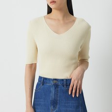 JAJU 女款V領羅紋短袖針織衫