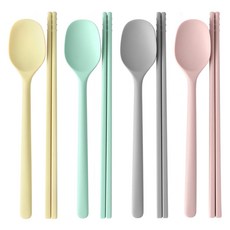 CocoWill 4色混合矽膠4人份湯筷組, 湯匙 4支 + 筷子 4雙, 4個, 柔和粉紅, 淺灰, 奶油黄, 薄荷綠