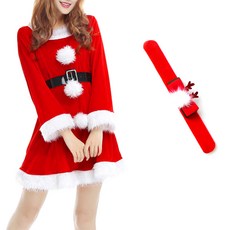 PARTYSHOW 女款聖誕服A款連身裙 + 貂毛聖誕手環組, 1套, 蝴蝶結紅(手環)