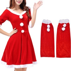 PARTYSHOW 女款聖誕服 B款連身裙 + 聖誕女孩腿套組, 1套, 毛球紅(腿套)