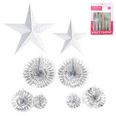 PARTYSHOW 夢幻裝飾紙扇紙星星銀色套組, 1套, 銀色(裝飾紙扇), 白色(星星)