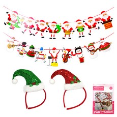 PARTYSHOW 聖誕節字母角色聖誕老人掛旗 + 魯道夫髮箍2件組, 1套, 紅色亮片尖帽, 綠色亮片尖帽(髮箍)