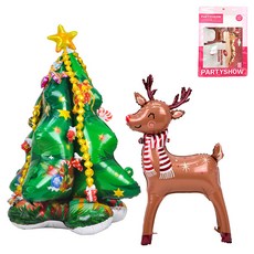 PARTYSHOW 立體魯道夫鋁箔氣球 超大型 + 支架鋁箔聖誕樹 B款 套組, 1套, 混合色