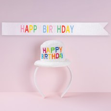 joyparty 生日髮箍 + 生日肩帶組合, 1套, 白色(髮箍), 白色與彩虹(肩帶)