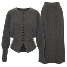 Sellys 鈕扣開衩羅紋針織開襟衫 + 半身裙套裝 I4C-CSE013