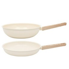 HOMEPOWE 電磁爐 3T 陶瓷平底鍋 + 中式炒鍋 2件組, 1套, 平底鍋 + 中式炒鍋, 象牙白