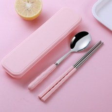 New Lip粉彩攜帶式便當湯匙+筷子+餐具盒組, 1組, 勺子+筷子+餐具, 櫻花