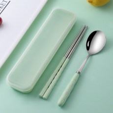 New Lip粉彩攜帶式便當湯匙+筷子+餐具盒組, 1組, 勺子+筷子+餐具, 淺綠色