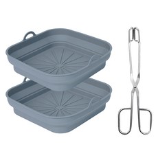inbloom 可折疊氣炸鍋容器 2入 + 不鏽鋼剪刀型廚房夾 24cm 套組, 1套, 灰色(氣炸鍋容器)