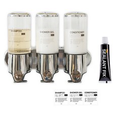 newnlook 壁掛式飯店用三孔按壓瓶 + 標籤貼紙 + 黏著劑套組, 1套, 銀色 + 透明 (按壓瓶)