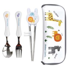 kitchen U 孩童動物造型學習餐具組, 1組, 湯匙+醒發筷子+叉子+盒子, 混色