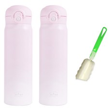 DIYOU 雙層真空316不鏽鋼一鍵式保溫杯 500ml 2入+專用清潔刷, 1套, 粉紅+粉紅(保溫杯)