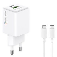 언박싱 PD 듀얼 멀티 초고속 충전기 30W + C타입-C타입 케이블 25W 1m 세트, 화이트, 1세트