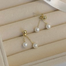 젤루나 여성용 더블 진주 드롭 체인 귀걸이 P-369