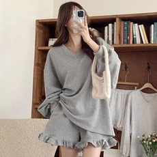 saystyle 女款 Rella 毛圈布 V領大學T 荷葉邊短褲 上下套裝