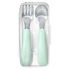 OXO tot 幼兒用湯匙叉子組, 1套, 蛋白石綠, 收納盒+湯匙+叉子