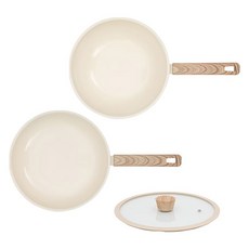 HOMEPOWE 電磁爐 3T 陶瓷平底鍋 3件套組, 1套, 象牙白, 平底鍋 28cm + 炒鍋 28cm + 玻璃鍋蓋 28cm