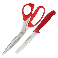 바로본 잘 잘린다 한손 주방가위 + 톱니과도 세트, 레드, 1세트