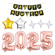 鋁箔氣球 2025 + happy new year 掛旗 + 星星派對氣球 金色 + 銀色 + 迷你閃亮 3p 套組, 1套, 玫瑰金(2025), 黑色(掛旗), 銀色(星星氣球, 迷你閃亮氣球), 金色(星星氣球)