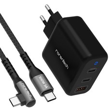 rorentech 70W PPS PD3.0 Type-C 3孔多功能超高速充電器+100W 5A L型超高速充電線 2.4m組, 1套, 黑色(充電器)